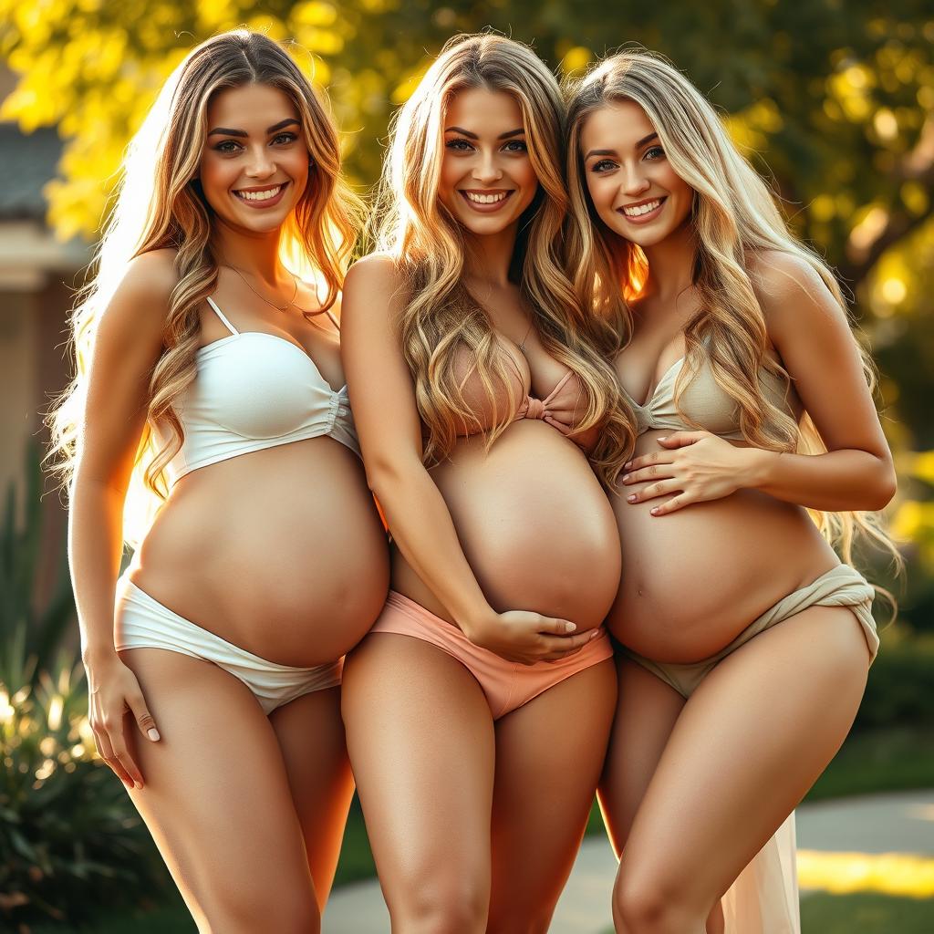 A striking scene featuring three stunning young women with impeccable faces and curvaceous bodies, each flaunting very generous busts and remarkably large posteriors, highlighted by thick, shapely thighs