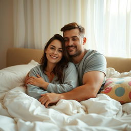 A cozy bedroom scene featuring a woman and her husband cuddling in bed