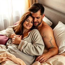 A cozy bedroom scene featuring a woman and her husband cuddling in bed