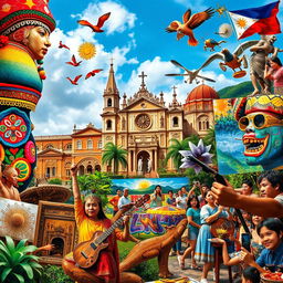 A vibrant and dynamic collage depicting the evolution of Philippine arts throughout history