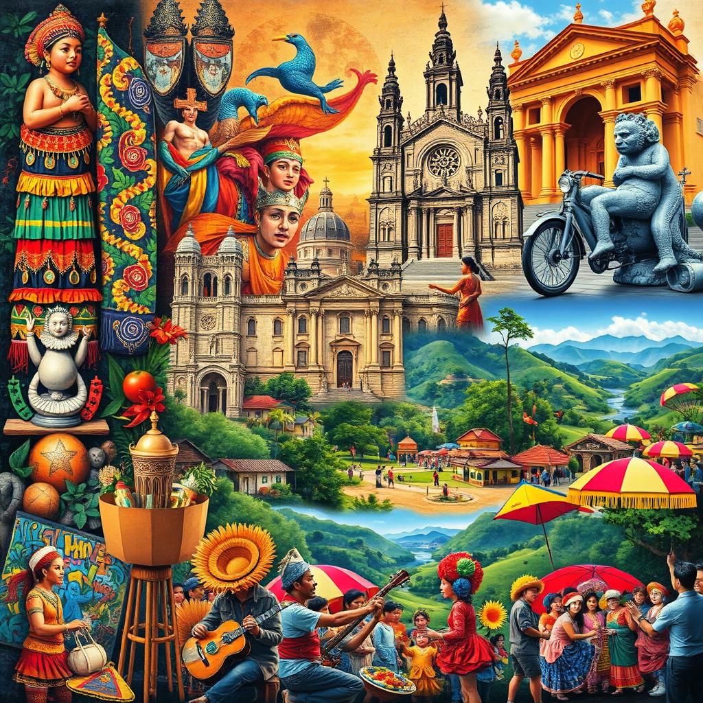 A vibrant and dynamic collage depicting the evolution of Philippine arts throughout history