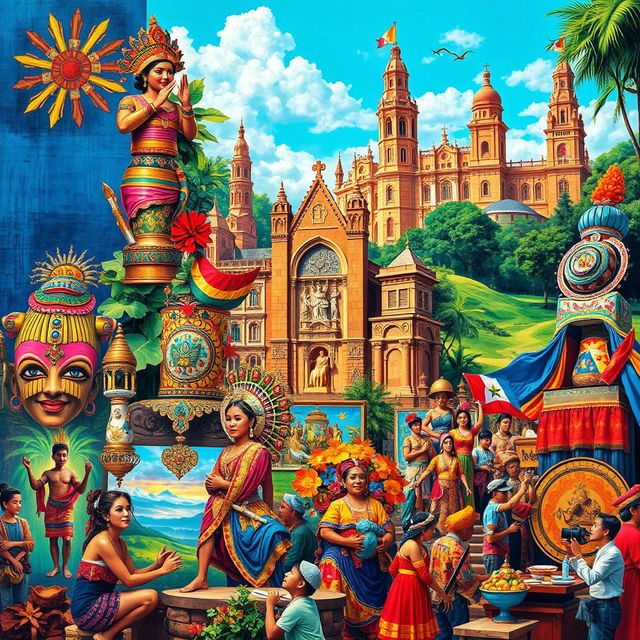 A vibrant and dynamic collage depicting the evolution of Philippine arts throughout history