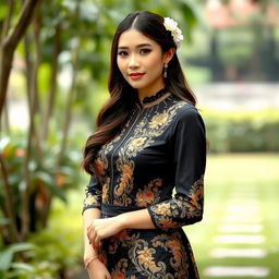 A beautiful Indonesian woman wearing a traditional kebaya, elegantly designed, but this time in a rich black color instead of navy
