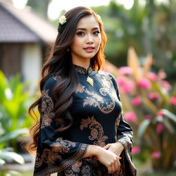 A beautiful Indonesian woman wearing a traditional kebaya, elegantly designed, but this time in a rich black color instead of navy