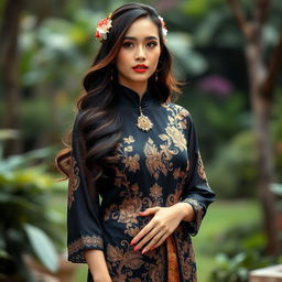 A beautiful Indonesian woman wearing a traditional kebaya, elegantly designed, but this time in a rich black color instead of navy