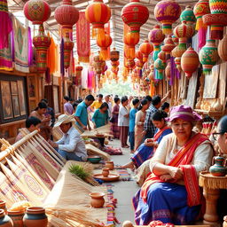 A vibrant and colorful celebration of ethnic arts, showcasing traditional crafts, textiles, and decorations from various cultures around the world