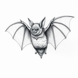 A detailed sketch of a bat, showcasing intricate cross hatching techniques to emphasize its wings and body