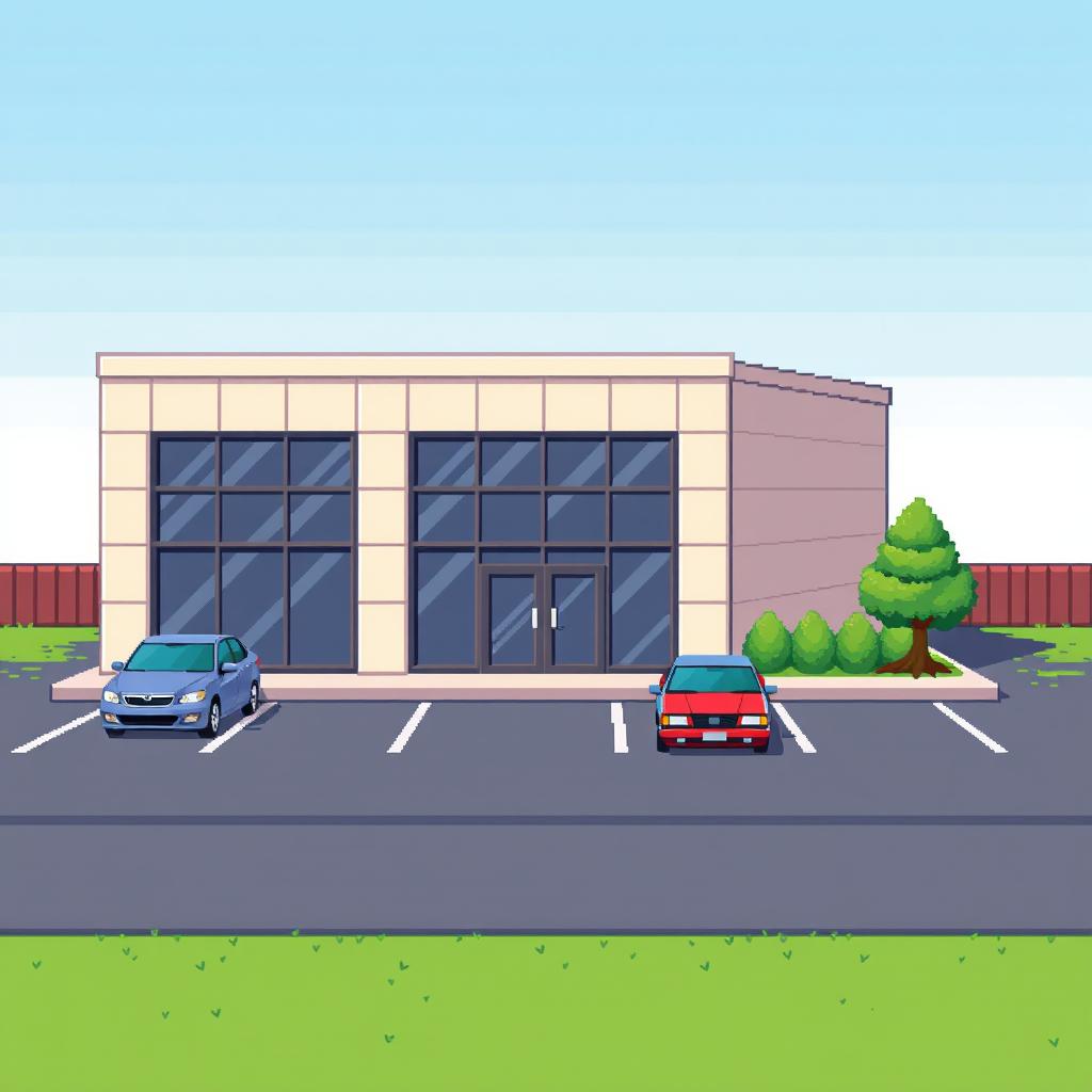 A pixel art depiction of a small and simple corporate building featuring a simplistic design with a flat roof and large windows