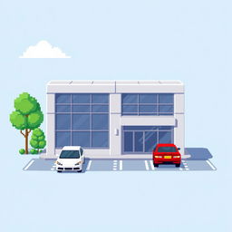 A pixel art depiction of a small and simple corporate building featuring a simplistic design with a flat roof and large windows