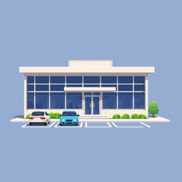 A pixel art depiction of a small and simple corporate building featuring a simplistic design with a flat roof and large windows