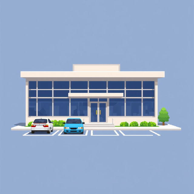 A pixel art depiction of a small and simple corporate building featuring a simplistic design with a flat roof and large windows