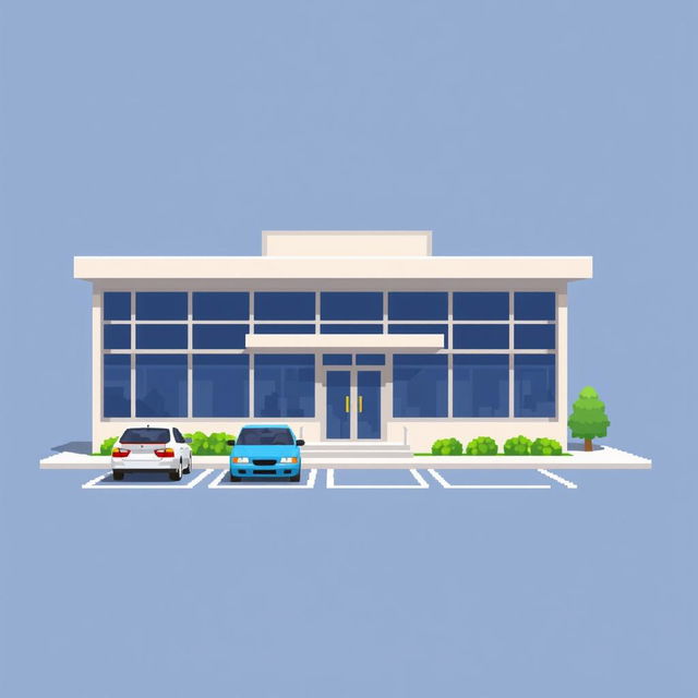 A pixel art depiction of a small and simple corporate building featuring a simplistic design with a flat roof and large windows