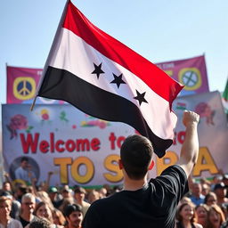 A person proudly raising the flag of Free Syria in front of a vibrant banner that reads 'Welcome to Syria'