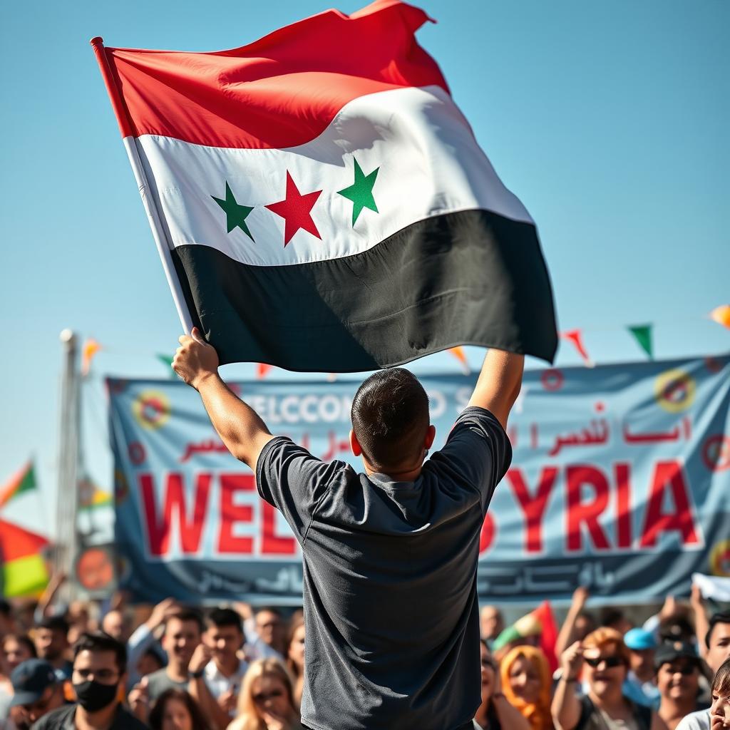 A person proudly raising the flag of Free Syria in front of a vibrant banner that reads 'Welcome to Syria'