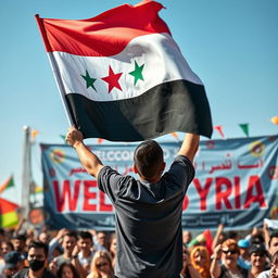 A person proudly raising the flag of Free Syria in front of a vibrant banner that reads 'Welcome to Syria'