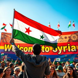 A person proudly raising the flag of Free Syria in front of a vibrant banner that reads 'Welcome to Syria'