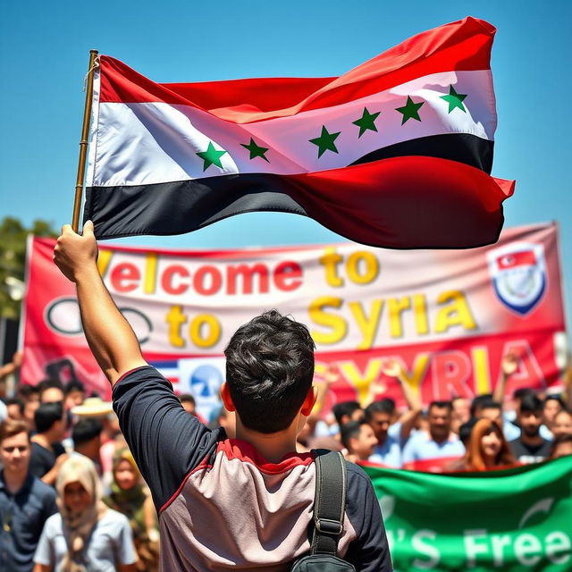 A person proudly raising the flag of Free Syria in front of a vibrant banner that reads 'Welcome to Syria'