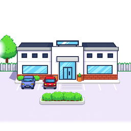 A pixel art illustration of a small corporate building featuring a simple architectural design with a flat roof, large windows, and a welcoming entrance