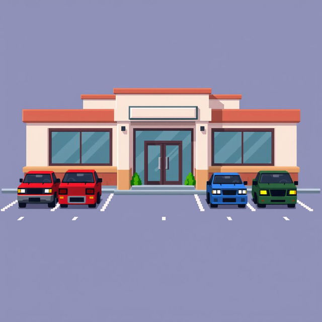 A pixel art illustration of a small corporate building featuring a simple architectural design with a flat roof, large windows, and a welcoming entrance