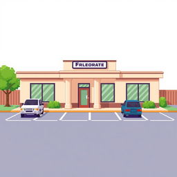 A pixel art illustration of a small corporate building featuring a simple architectural design with a flat roof, large windows, and a welcoming entrance