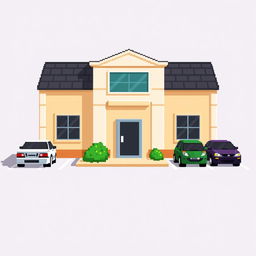 A pixel art illustration of a small corporate building featuring a simple architectural design with a flat roof, large windows, and a welcoming entrance