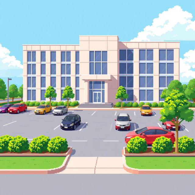 A pixel art illustration of a corporate building featuring a modern and clean design, with large windows and a prominent entrance