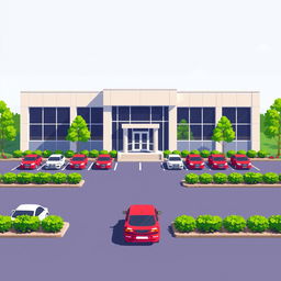 A pixel art illustration of a corporate building featuring a modern and clean design, with large windows and a prominent entrance