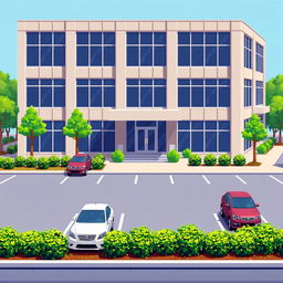 A pixel art illustration of a corporate building featuring a modern and clean design, with large windows and a prominent entrance