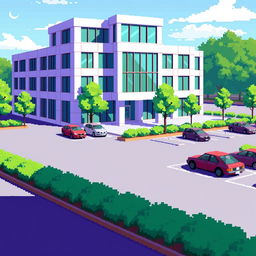 A pixel art illustration of a corporate building featuring a modern and clean design, with large windows and a prominent entrance