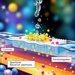 A visually striking scene depicting reverse osmosis in action, showing water molecules being filtered through a semi-permeable membrane