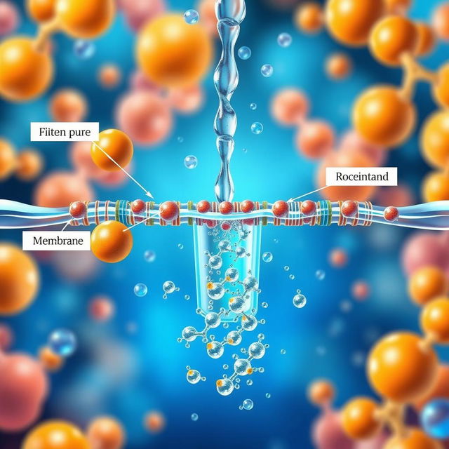 A visually striking scene depicting reverse osmosis in action, showing water molecules being filtered through a semi-permeable membrane