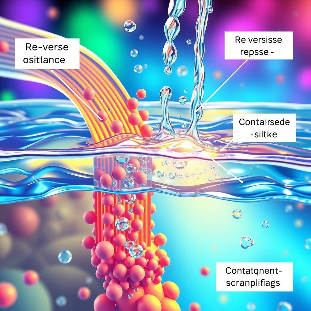 A visually striking scene depicting reverse osmosis in action, showing water molecules being filtered through a semi-permeable membrane