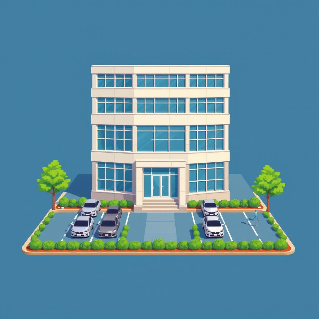 A pixel art representation of a five-story corporate building featuring a modern architectural design with multiple floors, large windows, and a prominent entrance