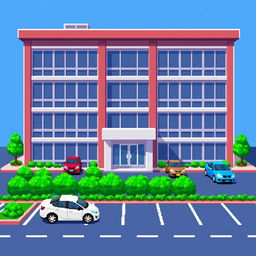 A pixel art representation of a five-story corporate building featuring a modern architectural design with multiple floors, large windows, and a prominent entrance