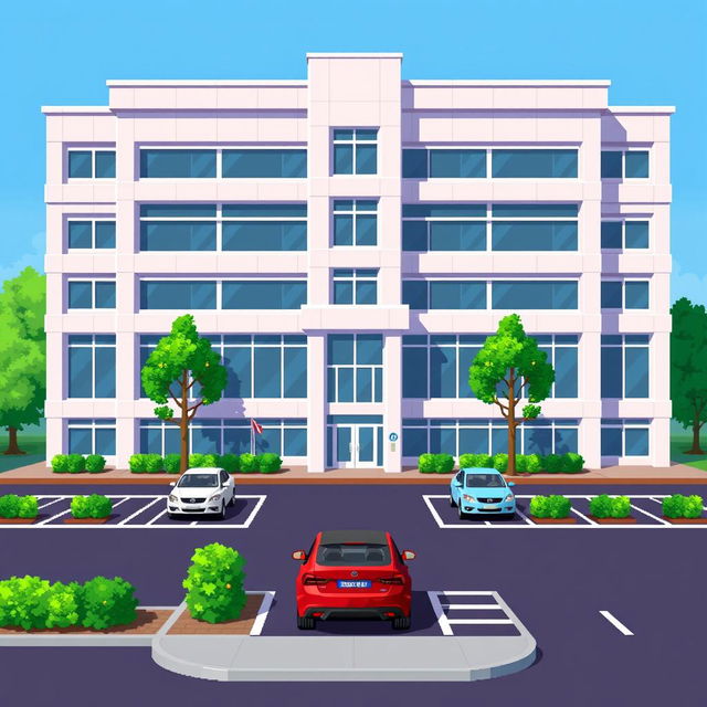 A pixel art representation of a five-story corporate building featuring a modern architectural design with multiple floors, large windows, and a prominent entrance