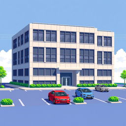 A pixel art representation of a five-story corporate building featuring a modern architectural design with multiple floors, large windows, and a prominent entrance