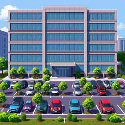 A pixel art depiction of a five-story corporate building showcasing a modern design with numerous large windows, a sleek facade, and a prominent entrance