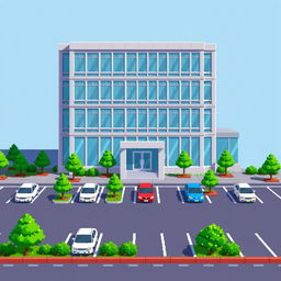 A pixel art depiction of a five-story corporate building showcasing a modern design with numerous large windows, a sleek facade, and a prominent entrance