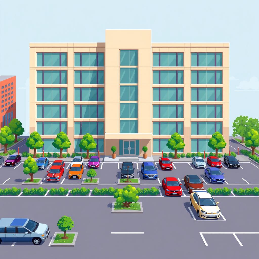 A pixel art depiction of a five-story corporate building showcasing a modern design with numerous large windows, a sleek facade, and a prominent entrance