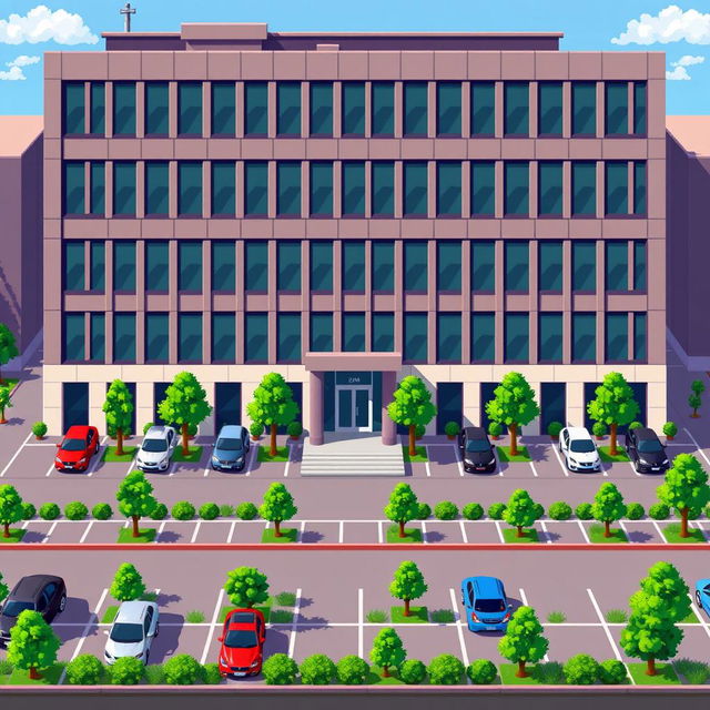 A pixel art depiction of a five-story corporate building showcasing a modern design with numerous large windows, a sleek facade, and a prominent entrance