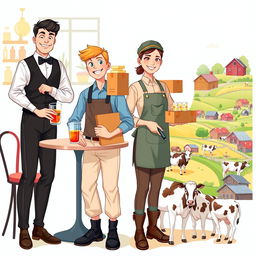 A dynamic and colorful scene featuring four diverse characters engaged in their respective professions