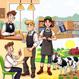 A dynamic and colorful scene featuring four diverse characters engaged in their respective professions