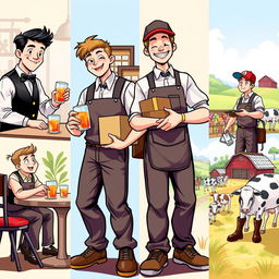A dynamic and colorful scene featuring four diverse characters engaged in their respective professions