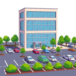 A detailed pixel art depiction of a five-story corporate building showcasing a sleek, modern design with large windows and a stylish entrance