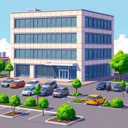 A detailed pixel art depiction of a five-story corporate building showcasing a sleek, modern design with large windows and a stylish entrance