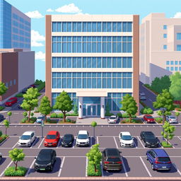 A detailed pixel art depiction of a five-story corporate building showcasing a sleek, modern design with large windows and a stylish entrance