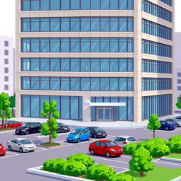 A detailed pixel art depiction of a five-story corporate building showcasing a sleek, modern design with large windows and a stylish entrance
