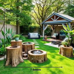 A beautiful green backyard space measuring 7 meters in width and 10 meters in length, featuring the use of ancient tree stumps as decorative elements