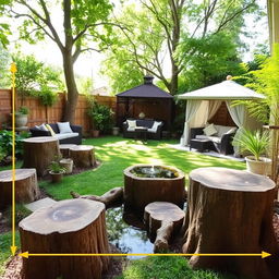 A beautiful green backyard space measuring 7 meters in width and 10 meters in length, featuring the use of ancient tree stumps as decorative elements