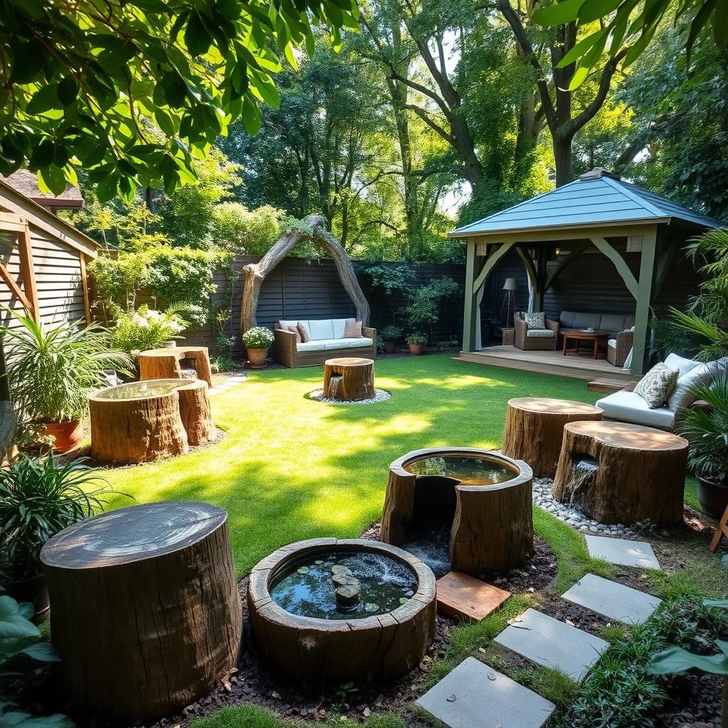A beautiful green backyard space measuring 7 meters in width and 10 meters in length, featuring the use of ancient tree stumps as decorative elements